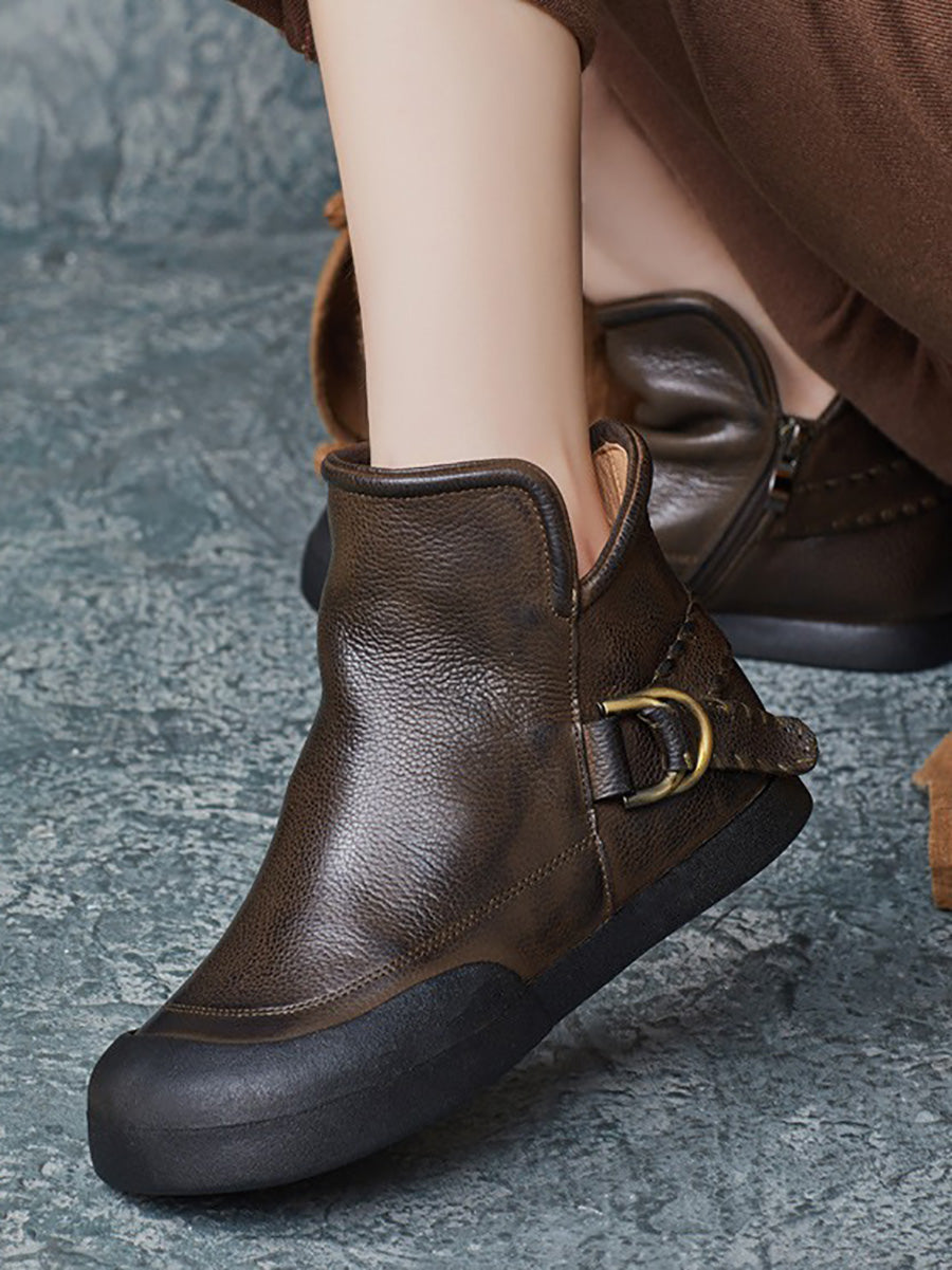 Winter Vintage Leather Spliced Zipper Flat Boots