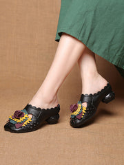 Ethnic Leather Flower Spliced Low Heel Sandals