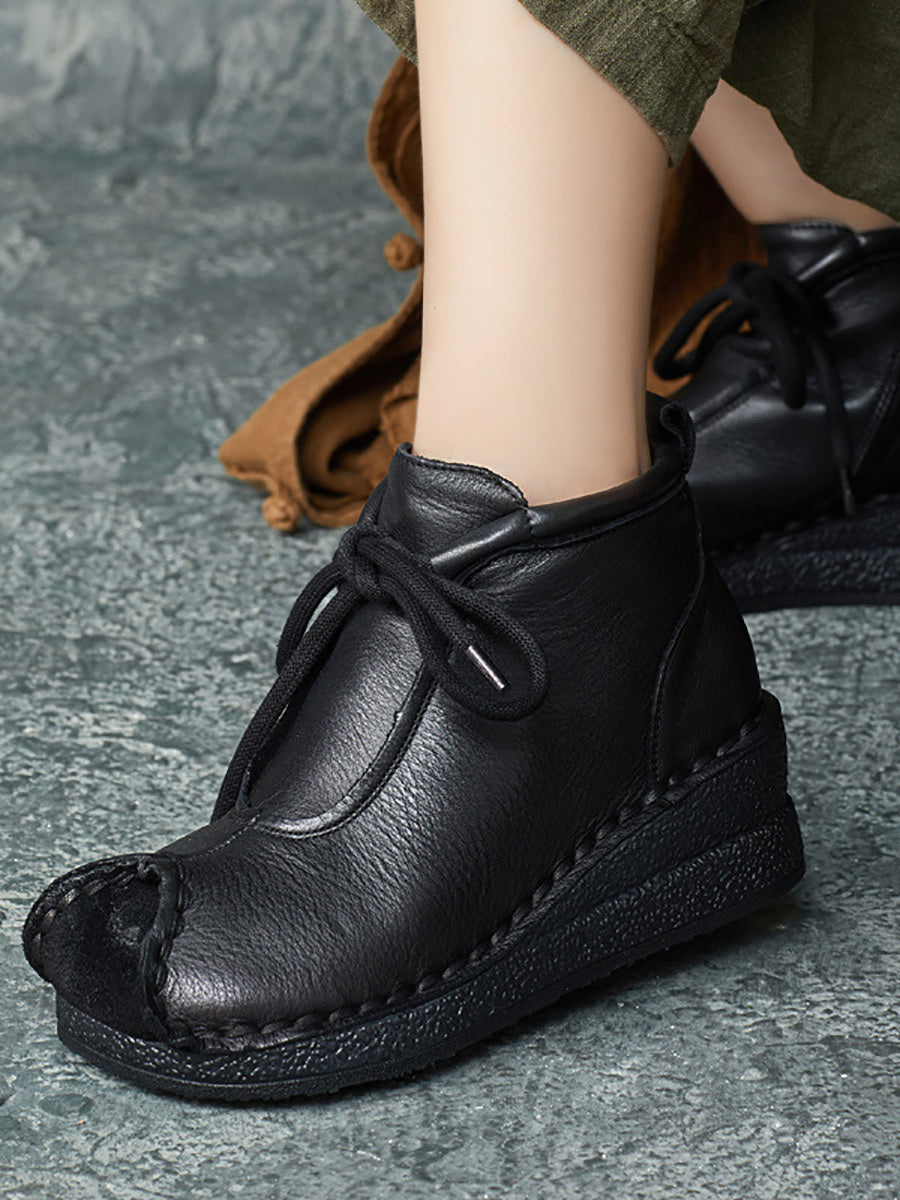 Vintage Genuine Leather Spliced Strap Mid-Heel Boots