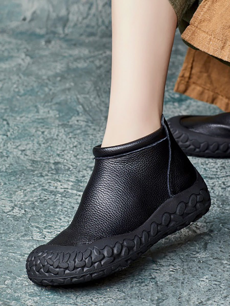 Autumn Casual Pure Color Leather Zipper Flat Boots