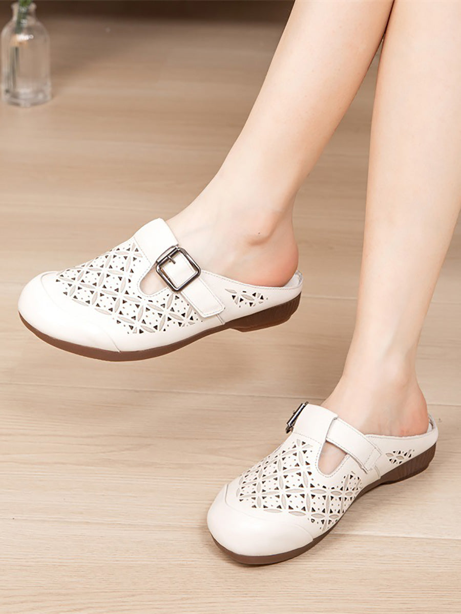 Heel Hollow Out Genuine Low Leather Shoes Vintage
