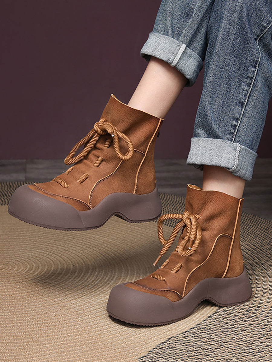 Winter Vintage Soft Leather Spliced Platform Boots
