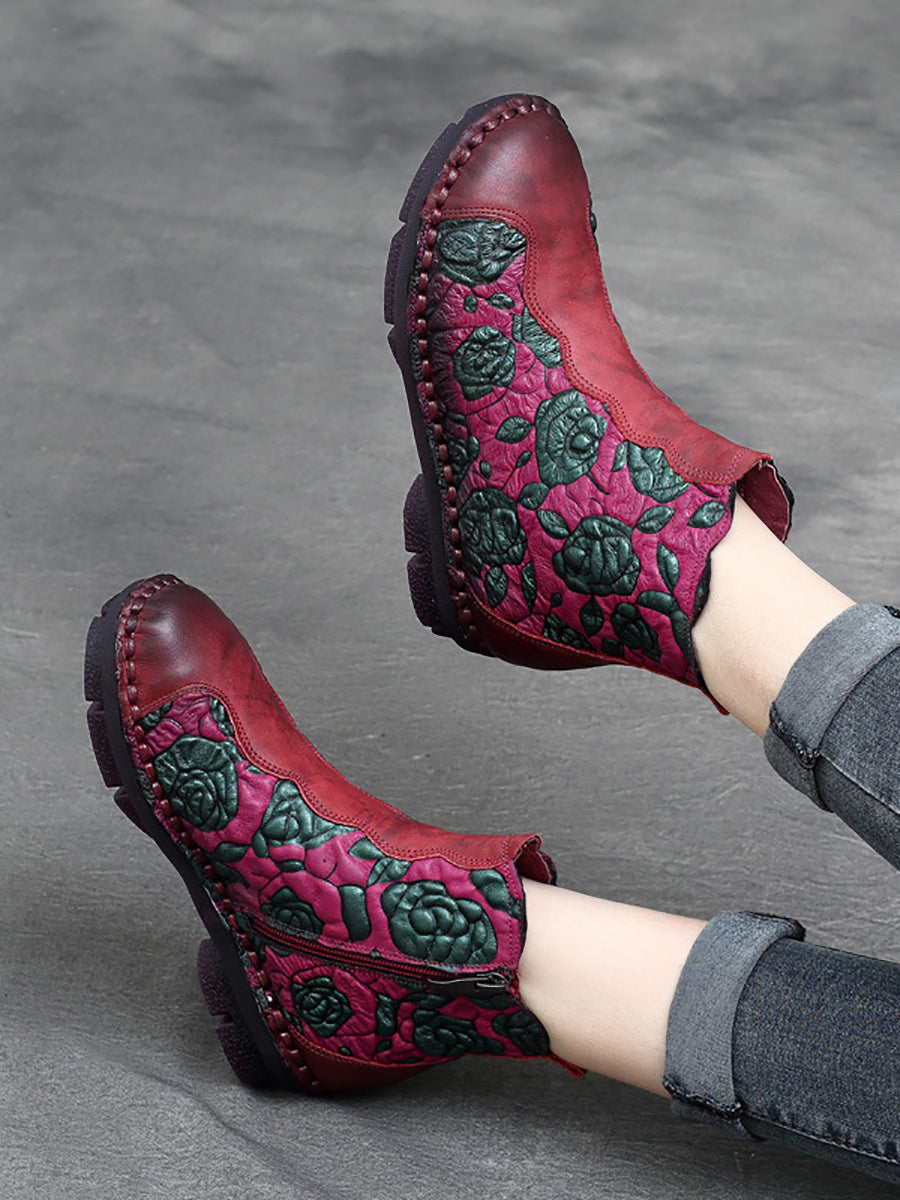 Retro Flower Leather Spliced Zipper Low Heel Boots
