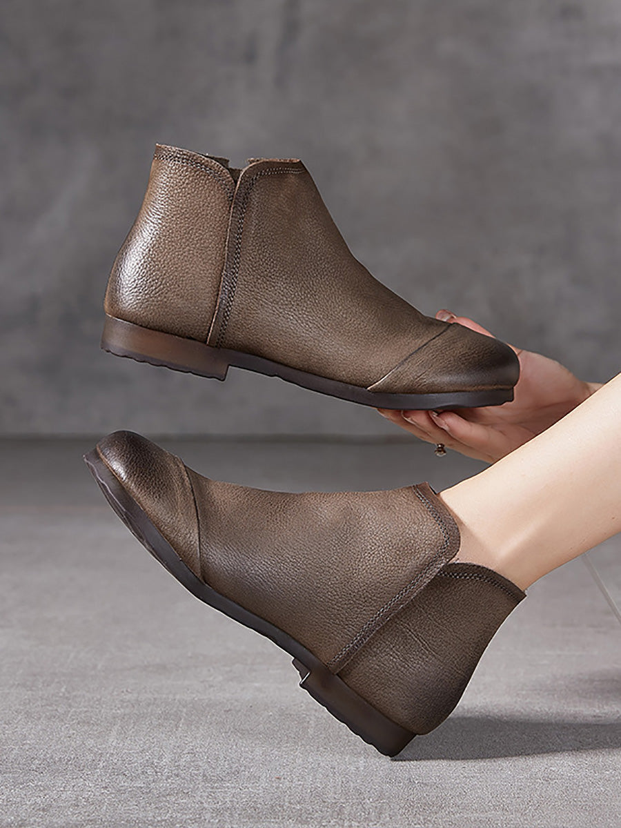 Solid Genuine Leather Winter Zipper Low Heel Boots