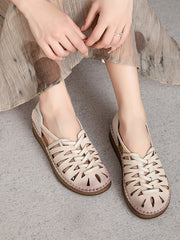 Leather Sandals Heel Low Weave