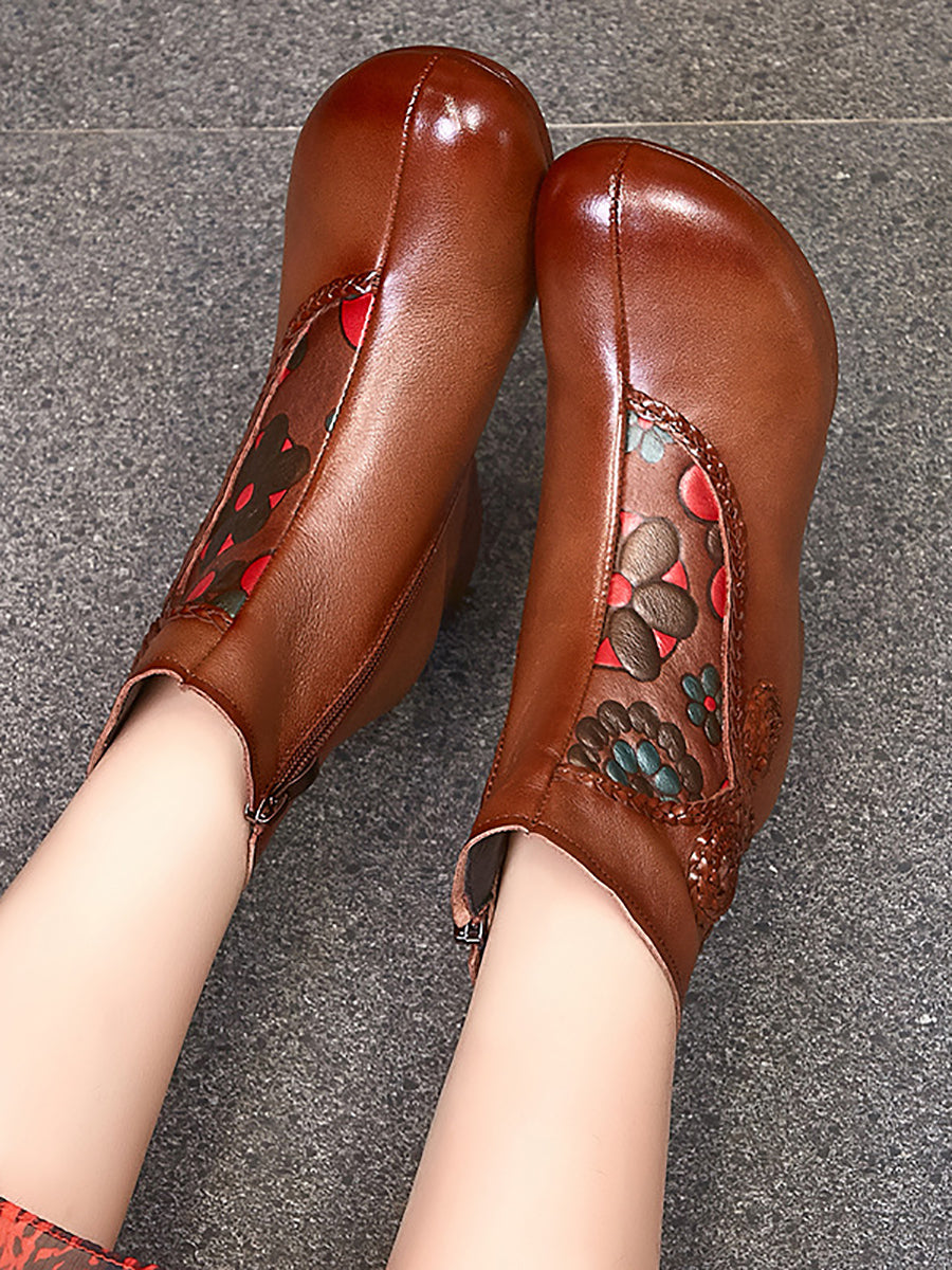 Ethnic Winter Flower Spliced Leather Mid-Heel Boots