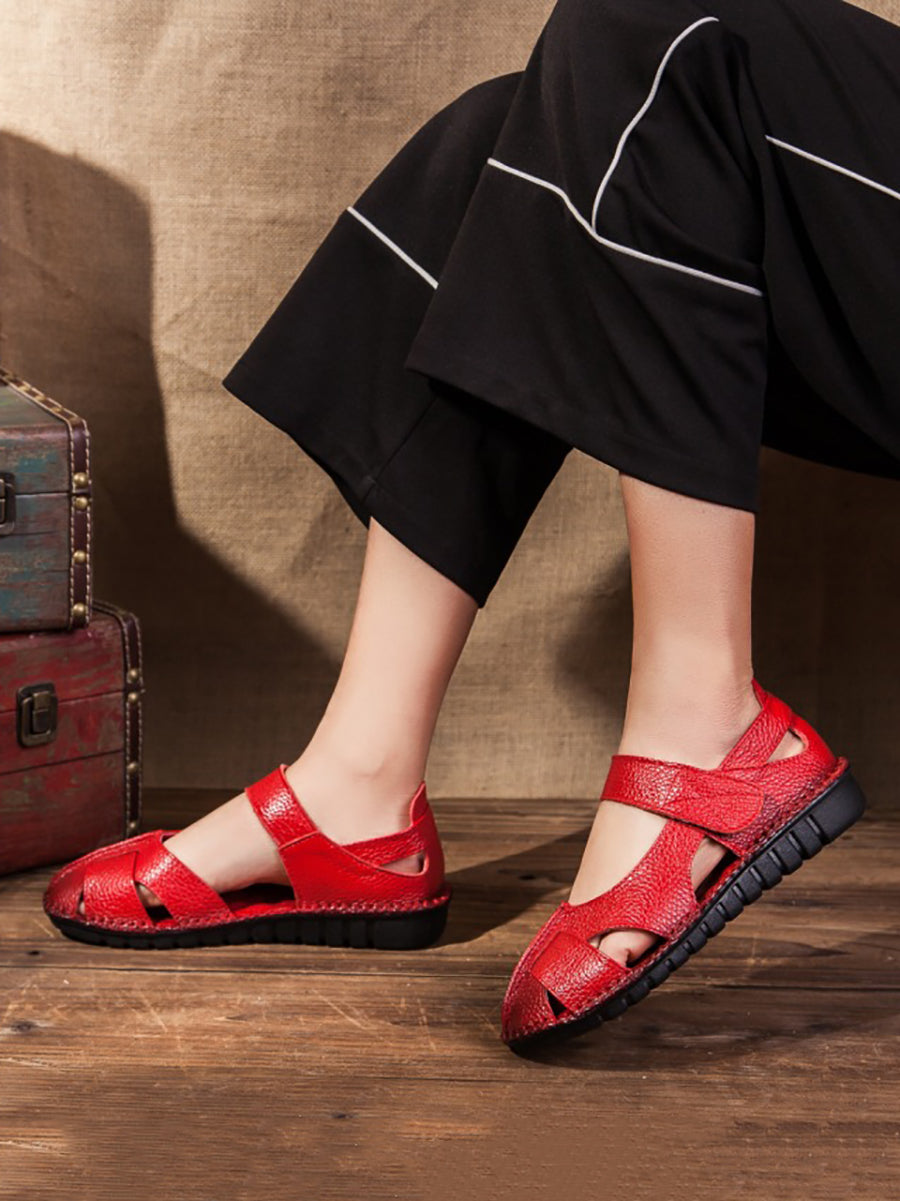 Solid Soft Leather Spliced Flat Sandals