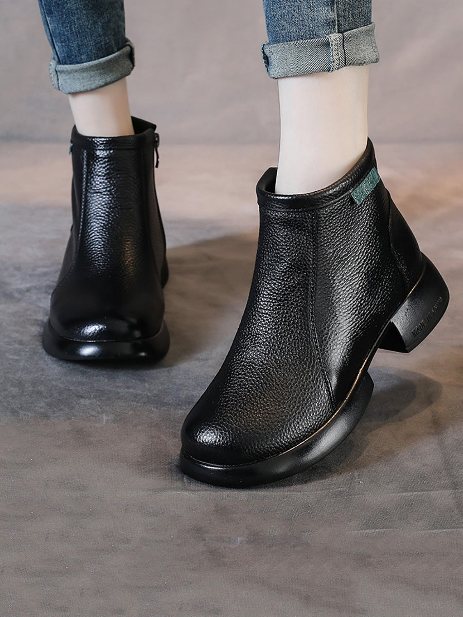 Vintage Commute Leather Zipper Mid-Heel Boots