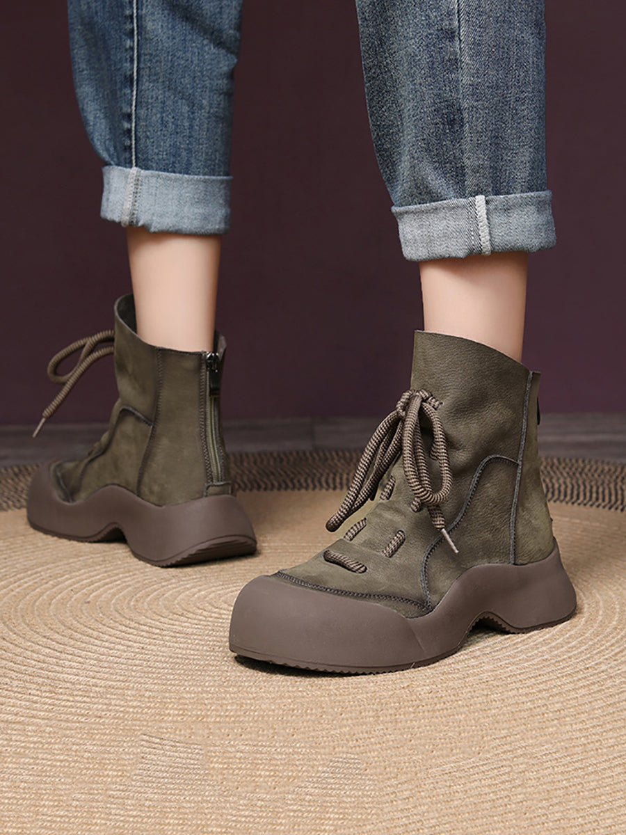 Winter Vintage Soft Leather Spliced Platform Boots