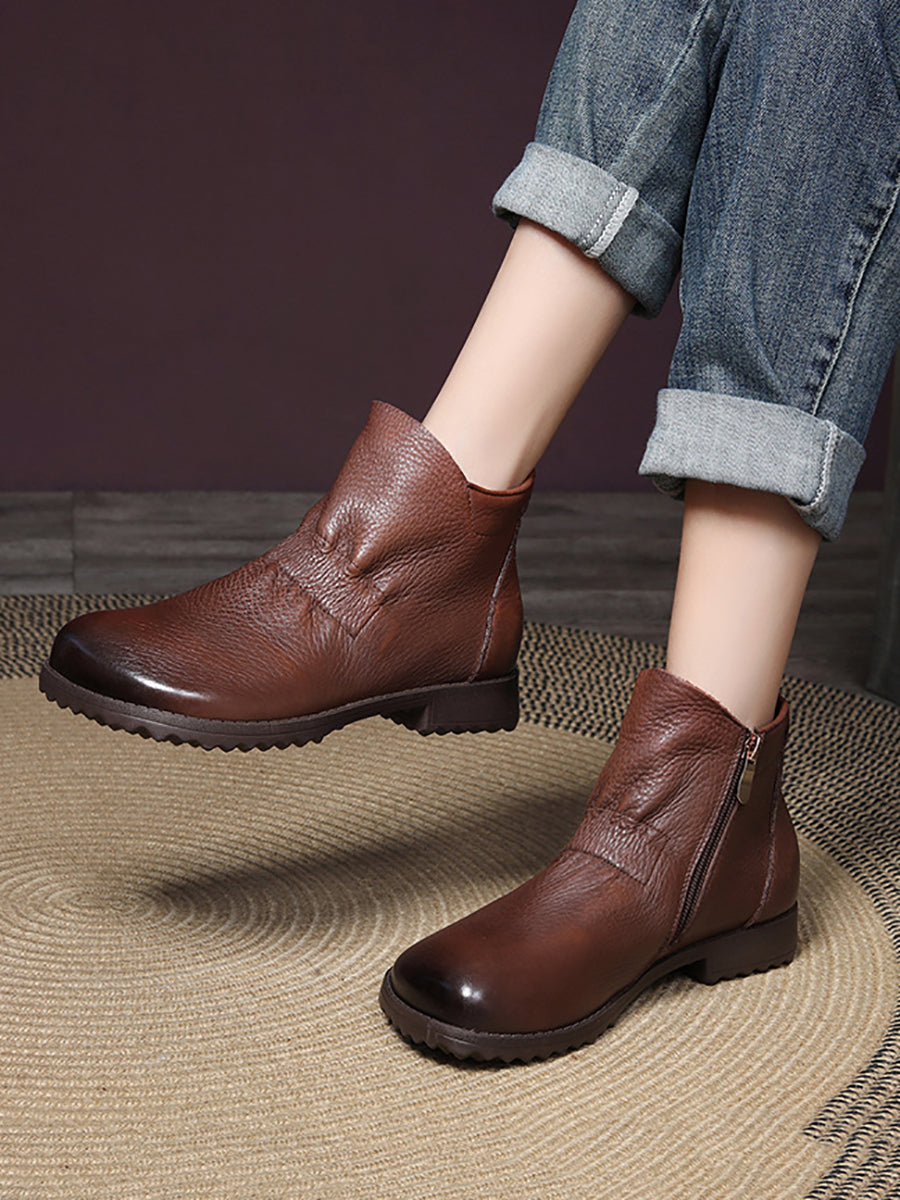 Vintage Genuine Leather Low Heel Boots