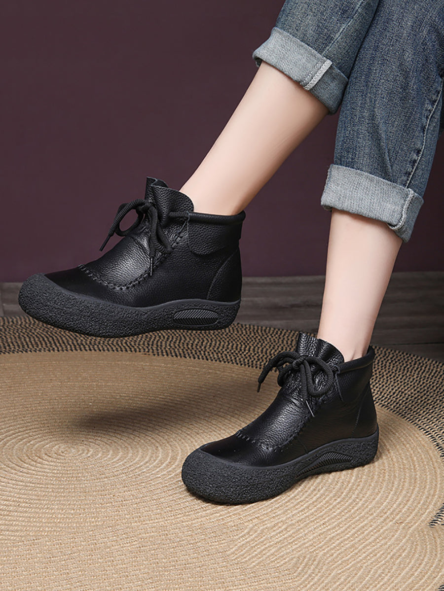Retro Genuine Leather Spliced Strap Flat Boots