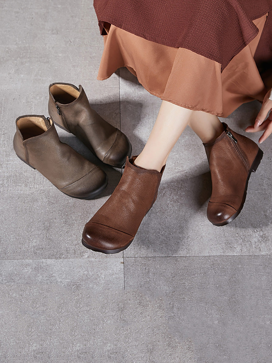 Solid Genuine Leather Winter Zipper Low Heel Boots