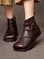 Vintage Genuine Leather Spliced Zipper Flat Boots