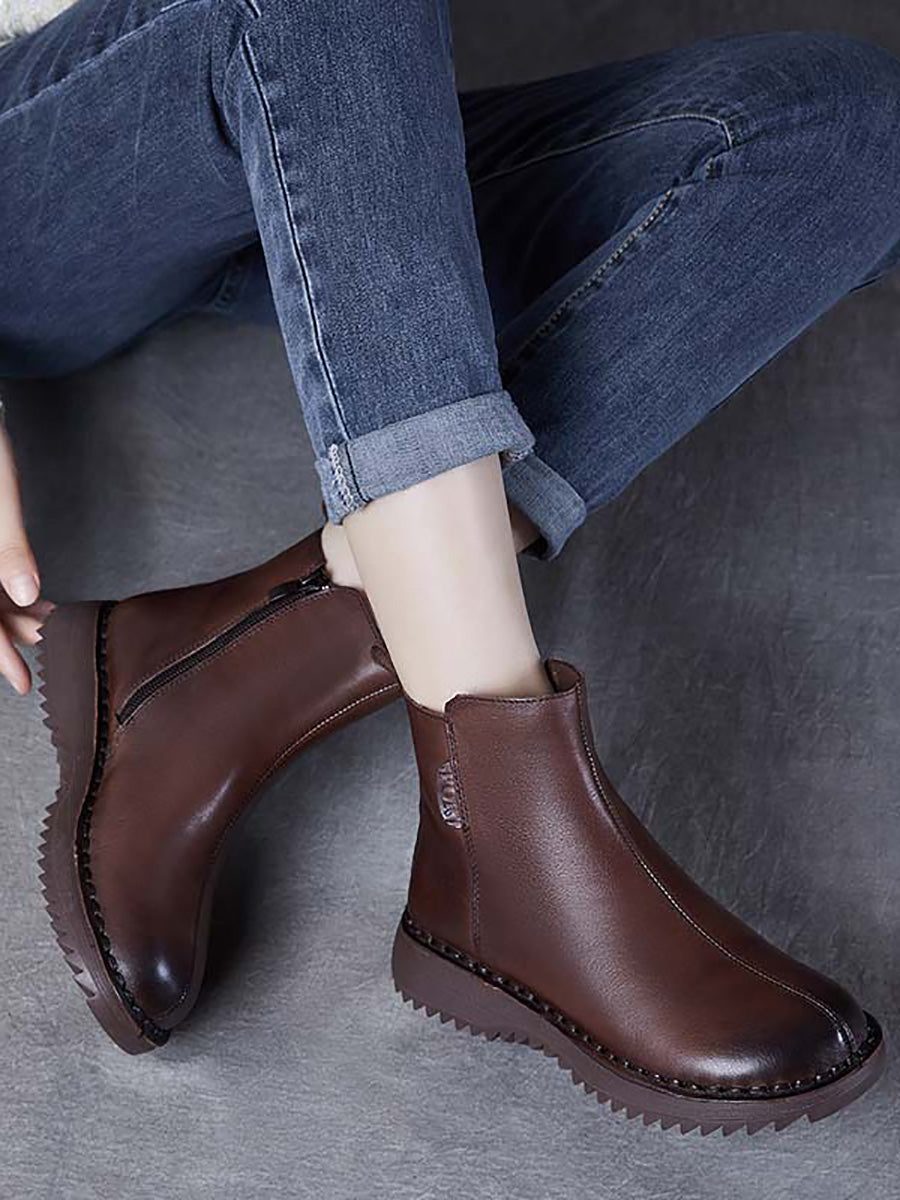 Retro Genuine Leather Zippper Mid-Heel Boots
