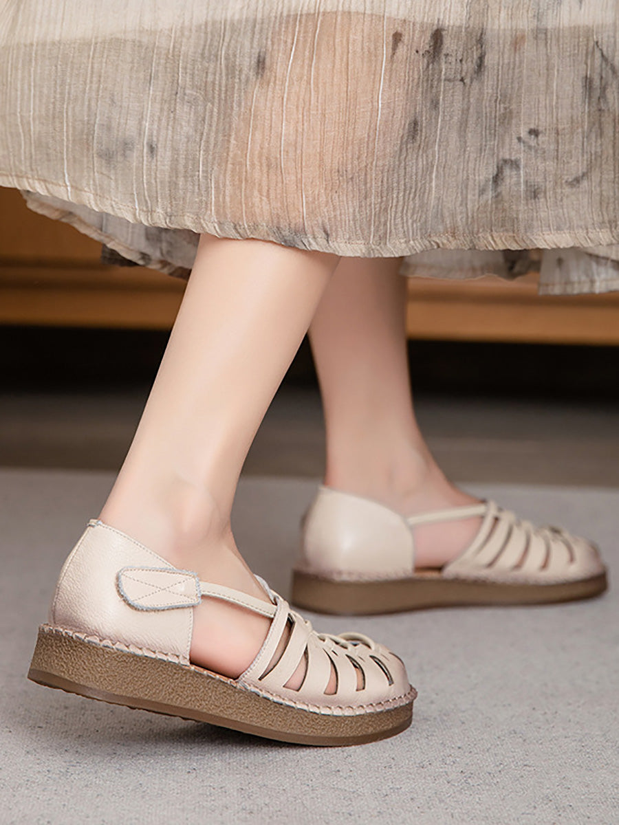 Leather Sandals Heel Low Weave