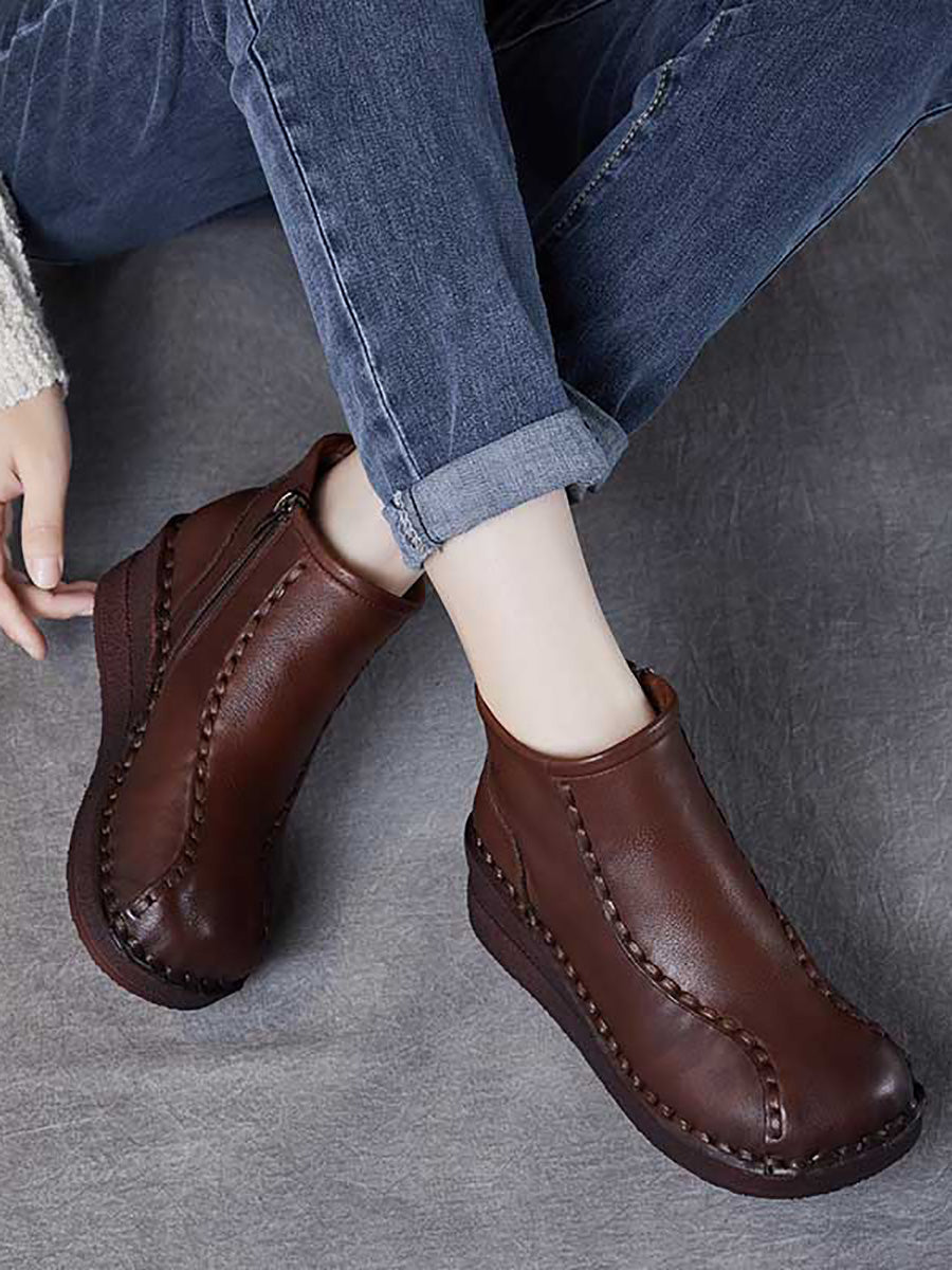 Retro Soft Leather Spliced Fleece-lined Mid-Heel Boots