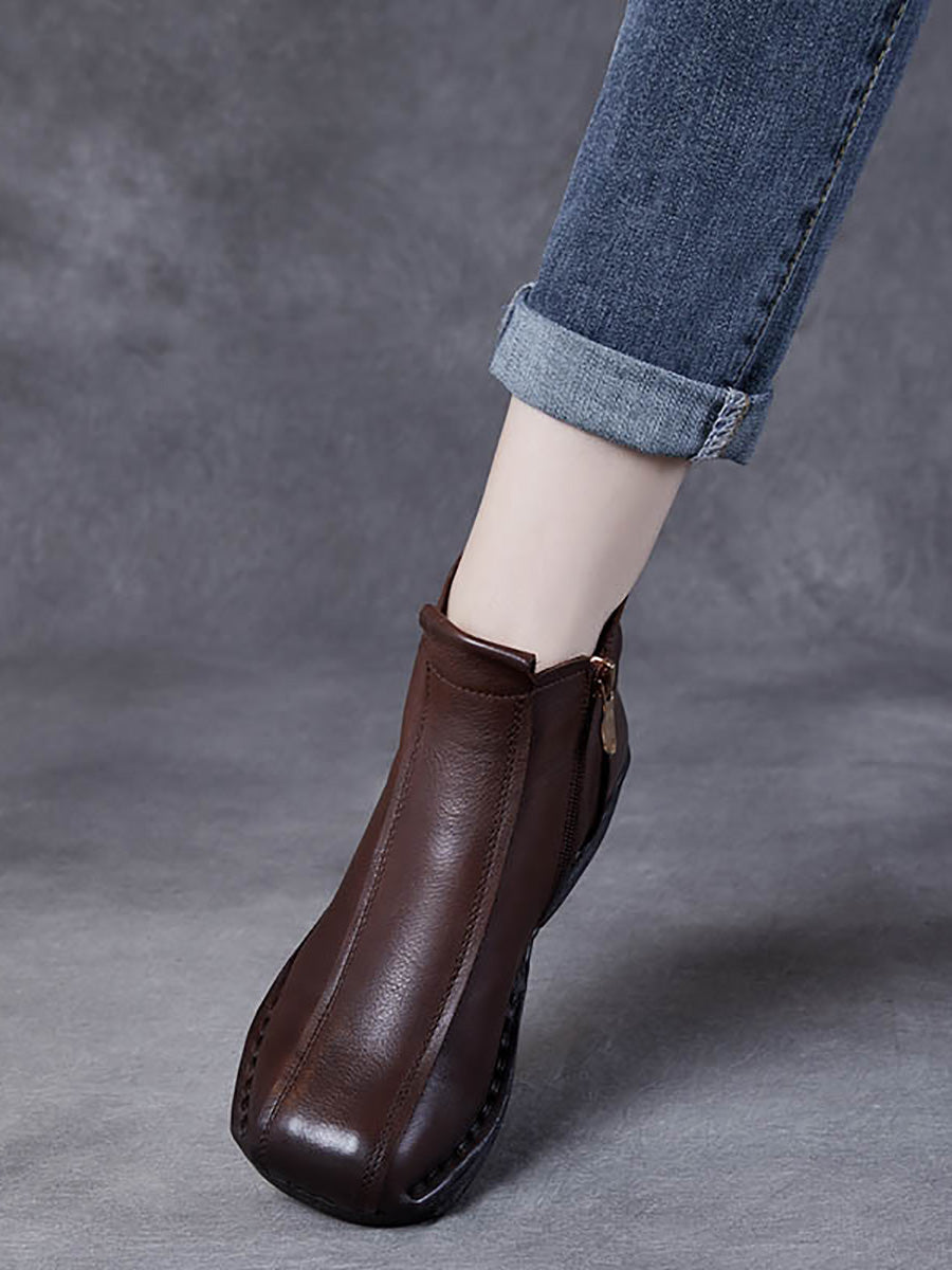 Autumn Genuine Leather Spliced Mid-Heel Boots