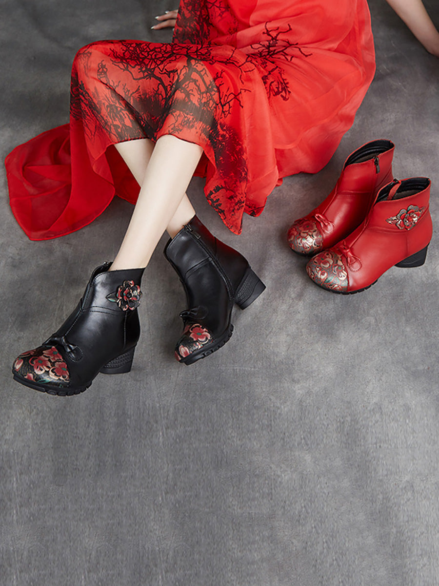 Ethnic Autumn Flower Spliced Leather Mid-Heel Boots