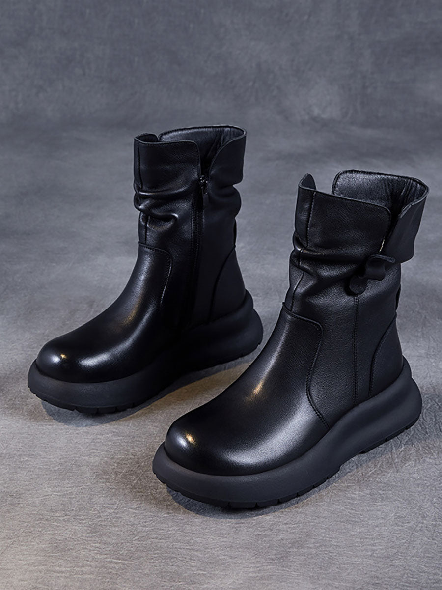 Winter Genuine Leather Spliced Low Heel Boots
