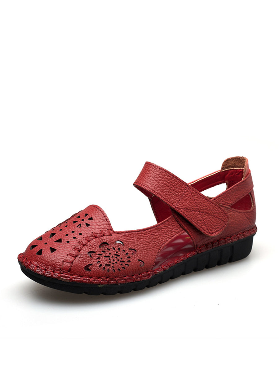 Leather Cutout Solid Low-Heel Sandals