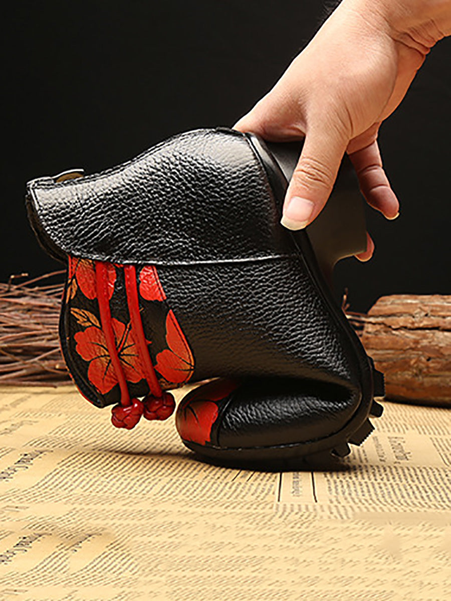 Retro Genuine Leather Flower Spliced Chunky Heel Boots