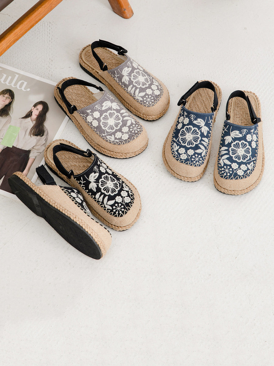 Sandals Linen Embroidery Ethnic Flower
