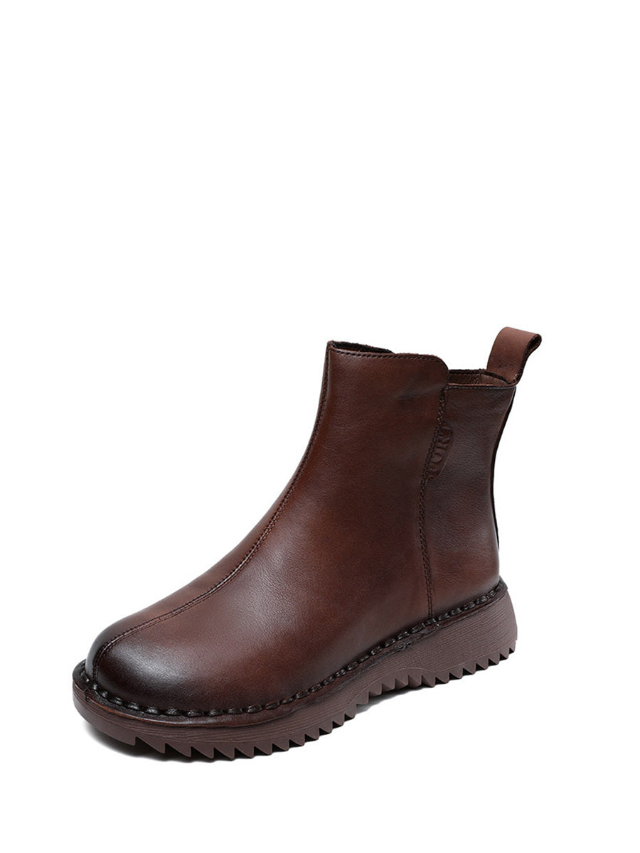 Retro Genuine Leather Zippper Mid-Heel Boots