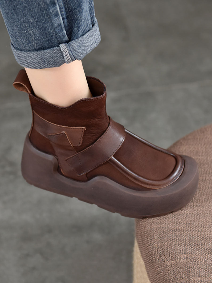 Genuine Leather Spliced Platform Boots