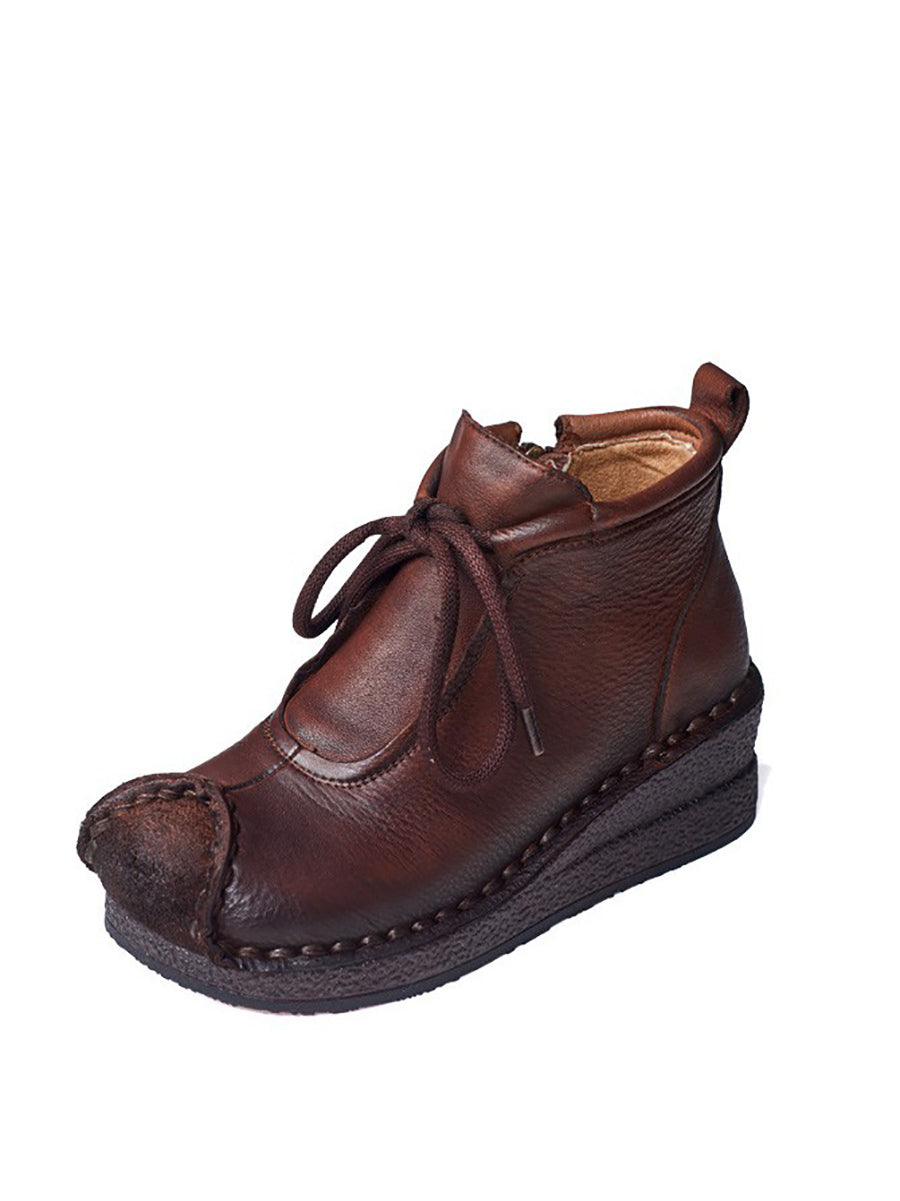 Vintage Genuine Leather Spliced Strap Mid-Heel Boots