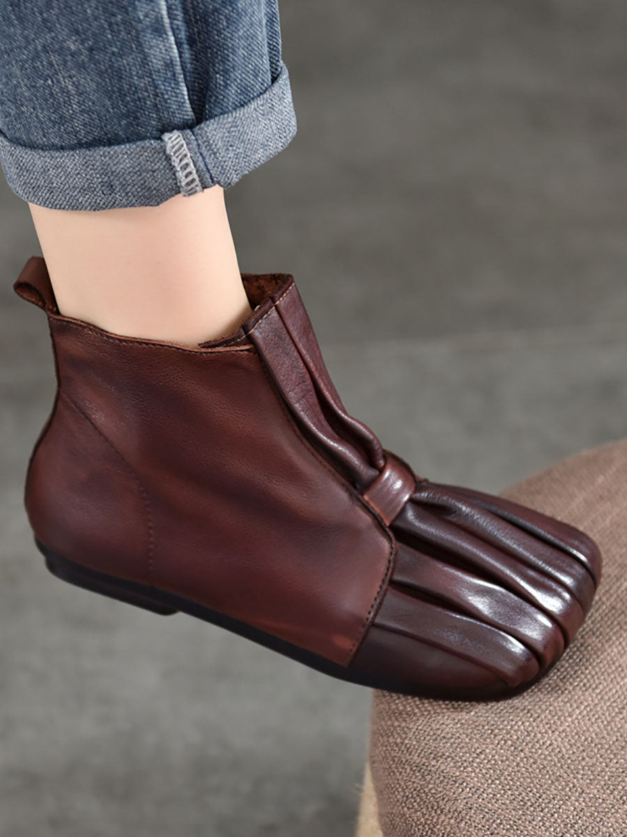 Soft Leather Shirred Square Toe Ankle Boots