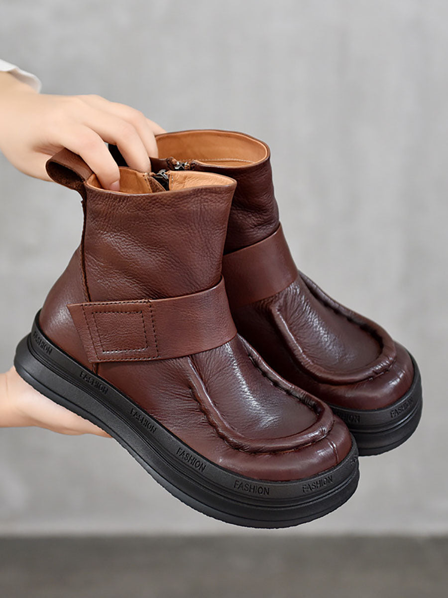Vintage Soft Leather Spliced Flat Ankle Boots