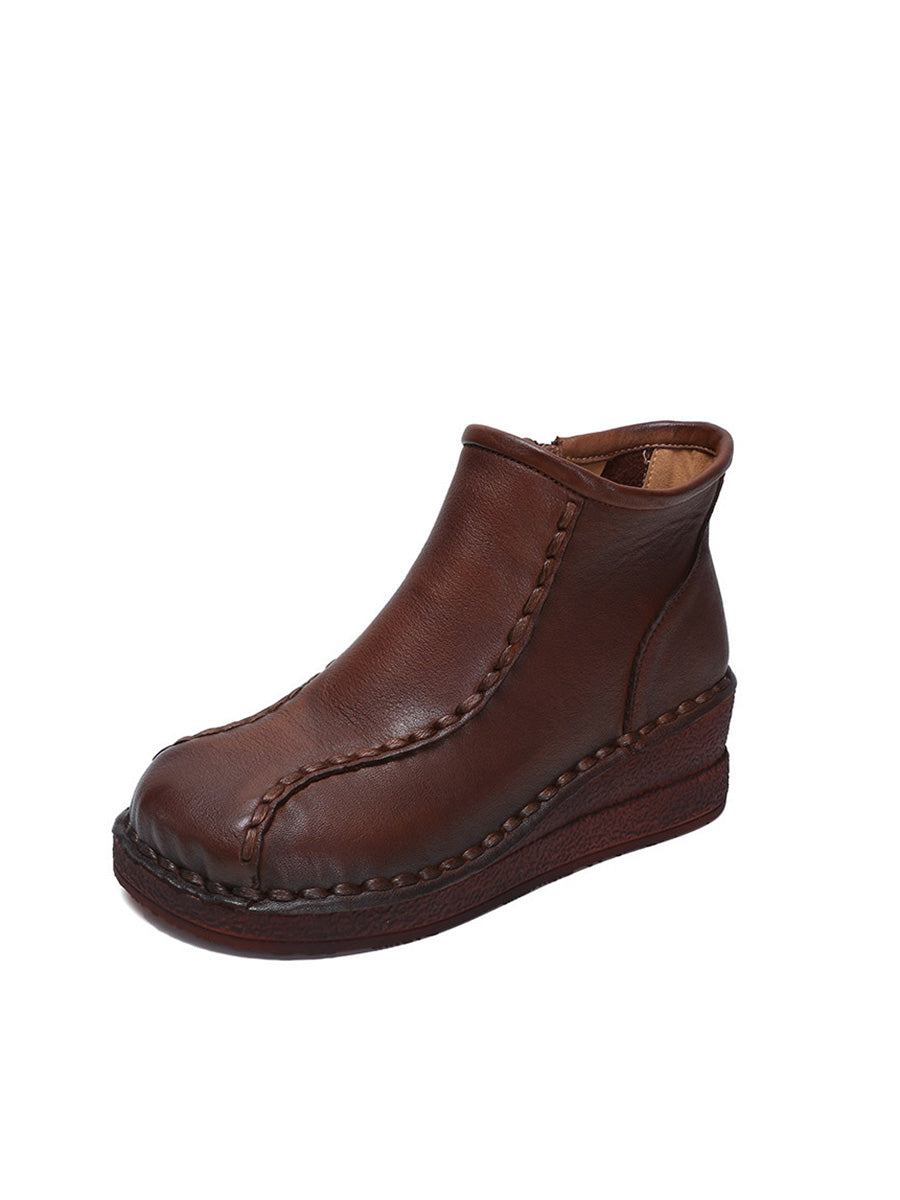 Retro Soft Leather Spliced Fleece-lined Mid-Heel Boots