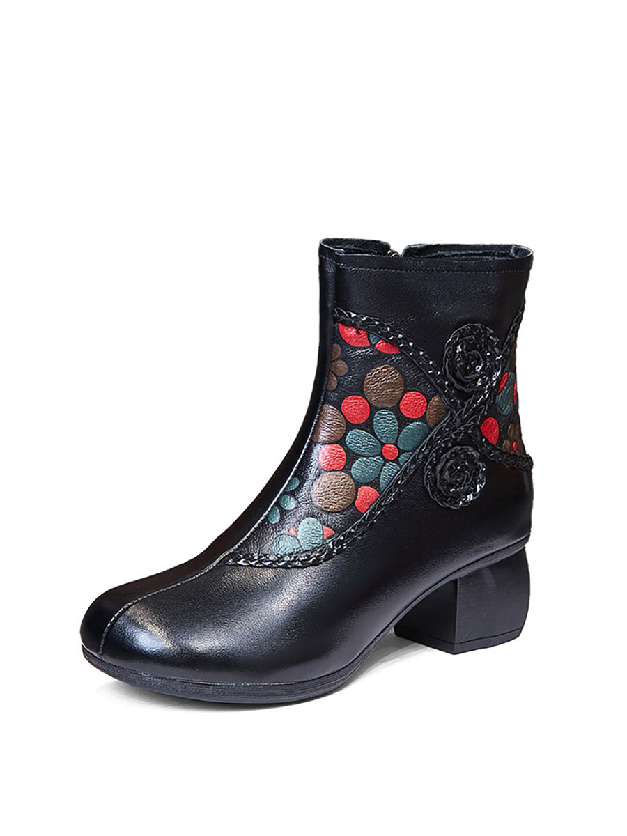 Ethnic Winter Flower Spliced Leather Mid-Heel Boots
