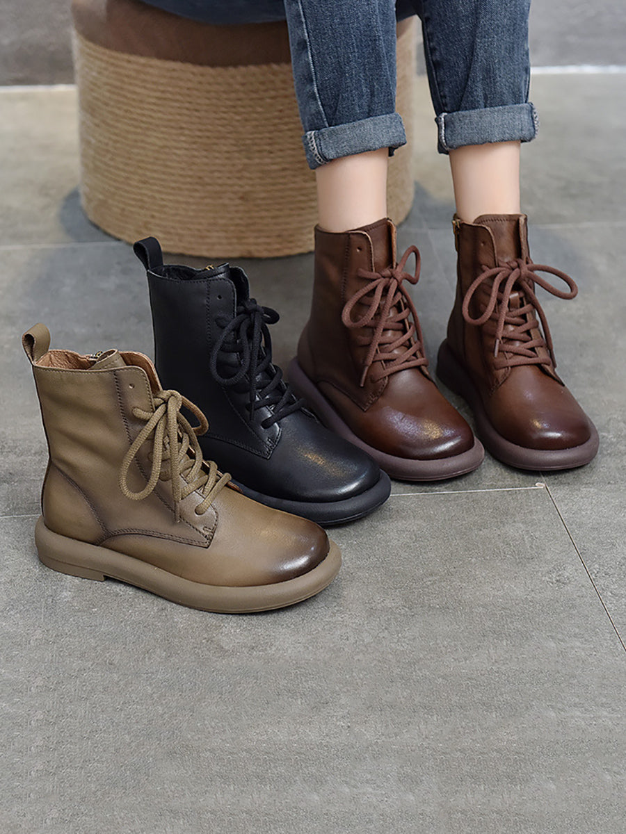Genuine Leather Soft Zipper Mid Heel Martin Boots