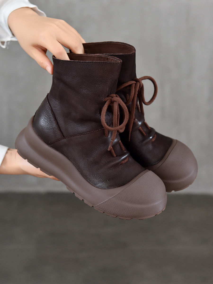Genuine Leather Mid-Heel Martin Boots