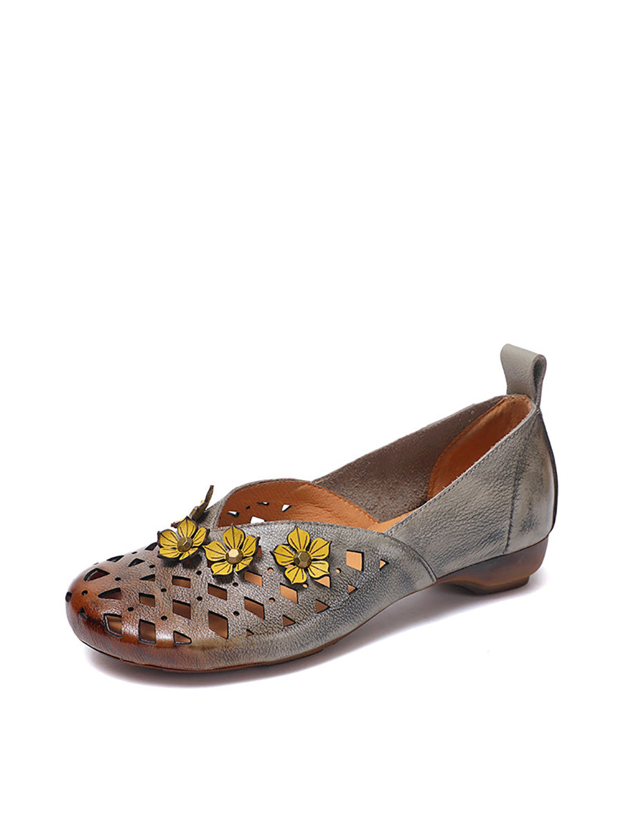Heel Flower Hollow Low Shoes Leather Out Ethnic