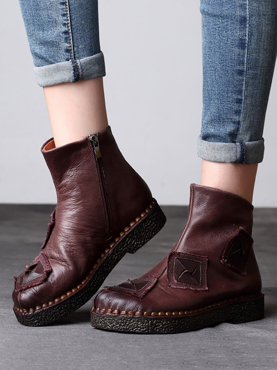 Vintage Leather Patch Spliced Ankle Boots