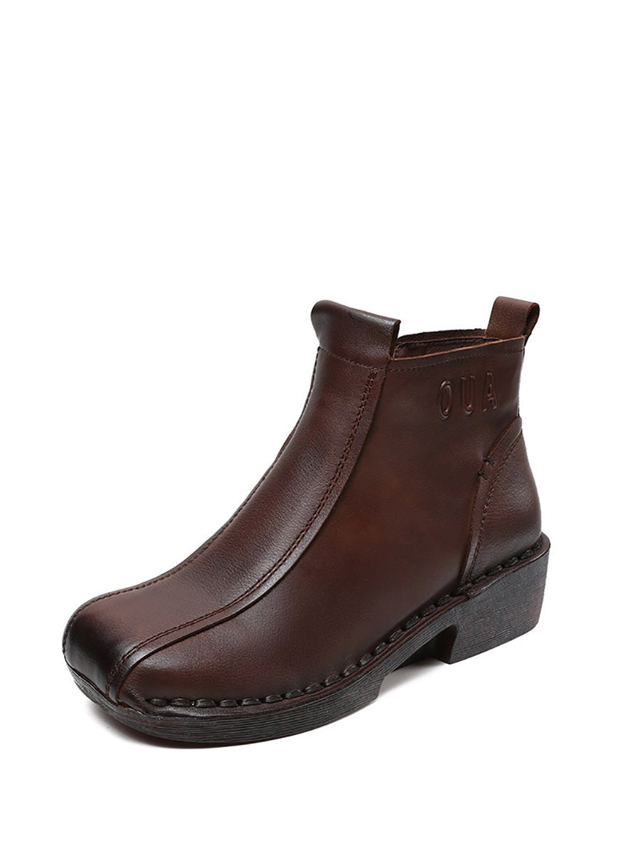 Autumn Genuine Leather Spliced Mid-Heel Boots