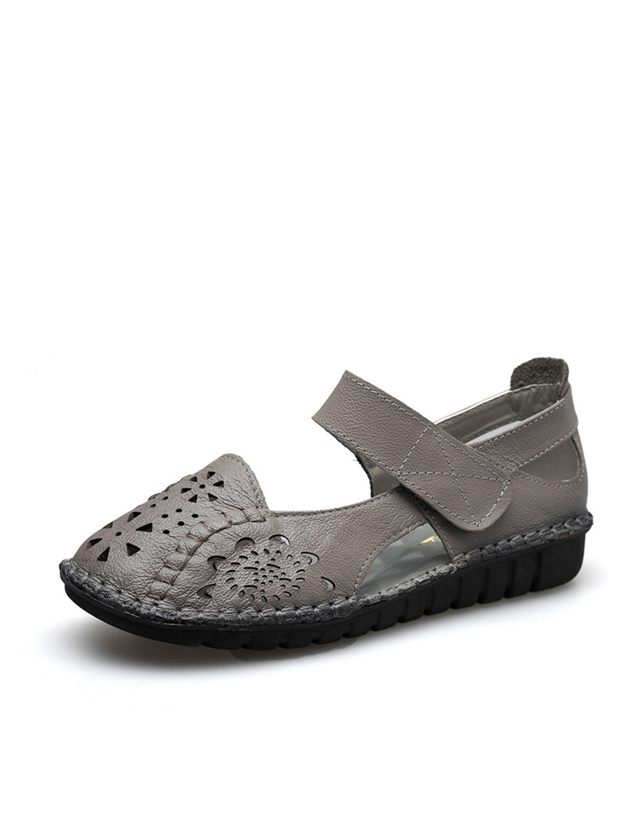 Leather Cutout Solid Low-Heel Sandals