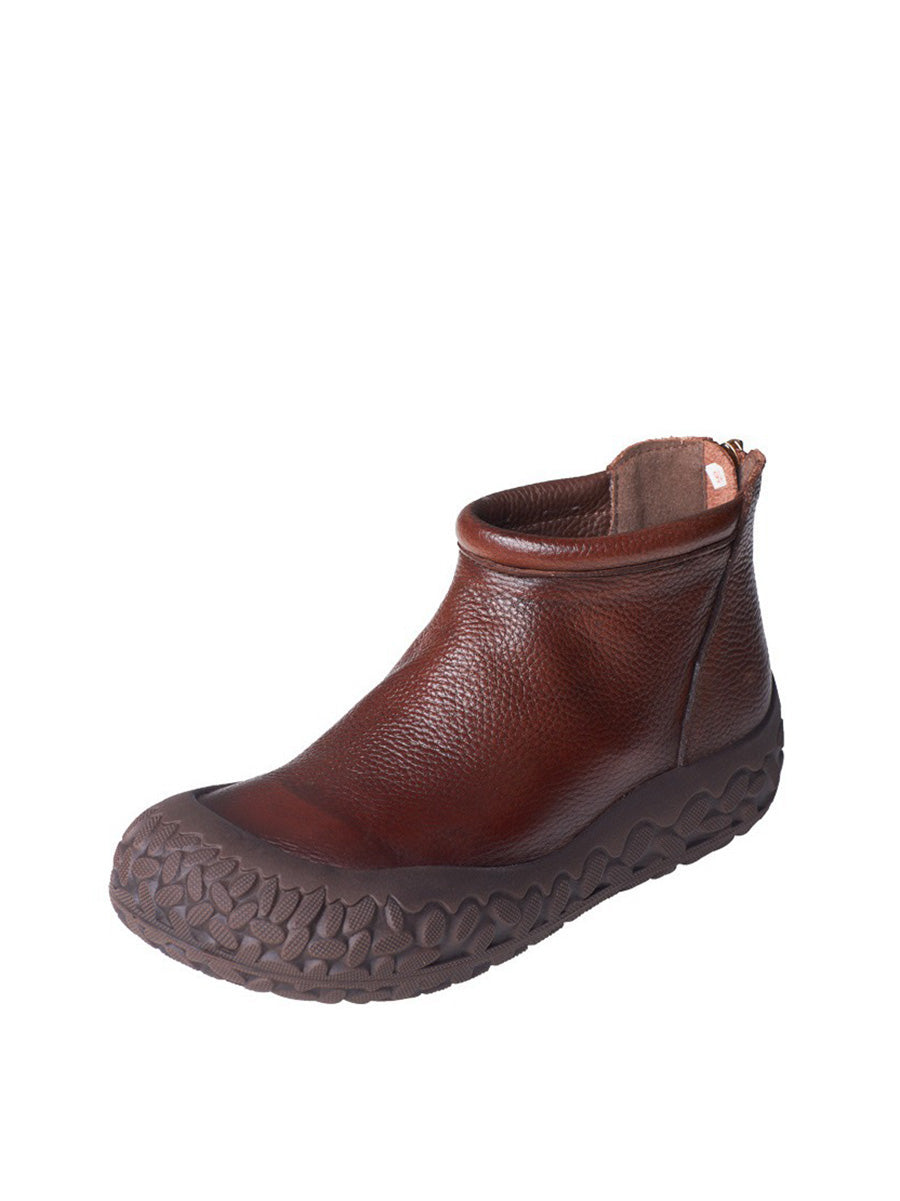 Autumn Casual Pure Color Leather Zipper Flat Boots