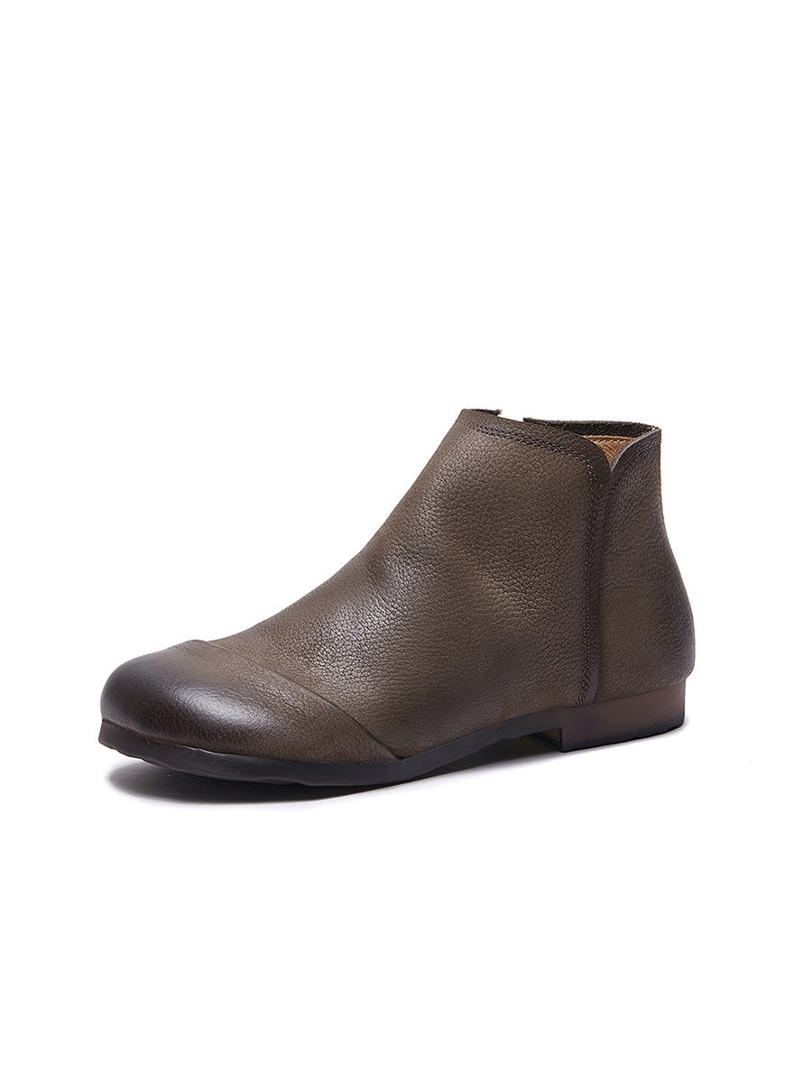 Solid Genuine Leather Winter Zipper Low Heel Boots