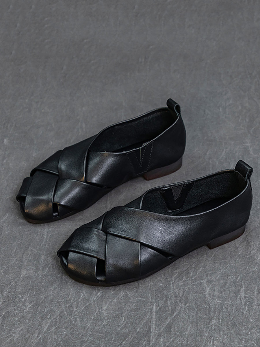 Soft Leather Spliced Low-Heel Shoes