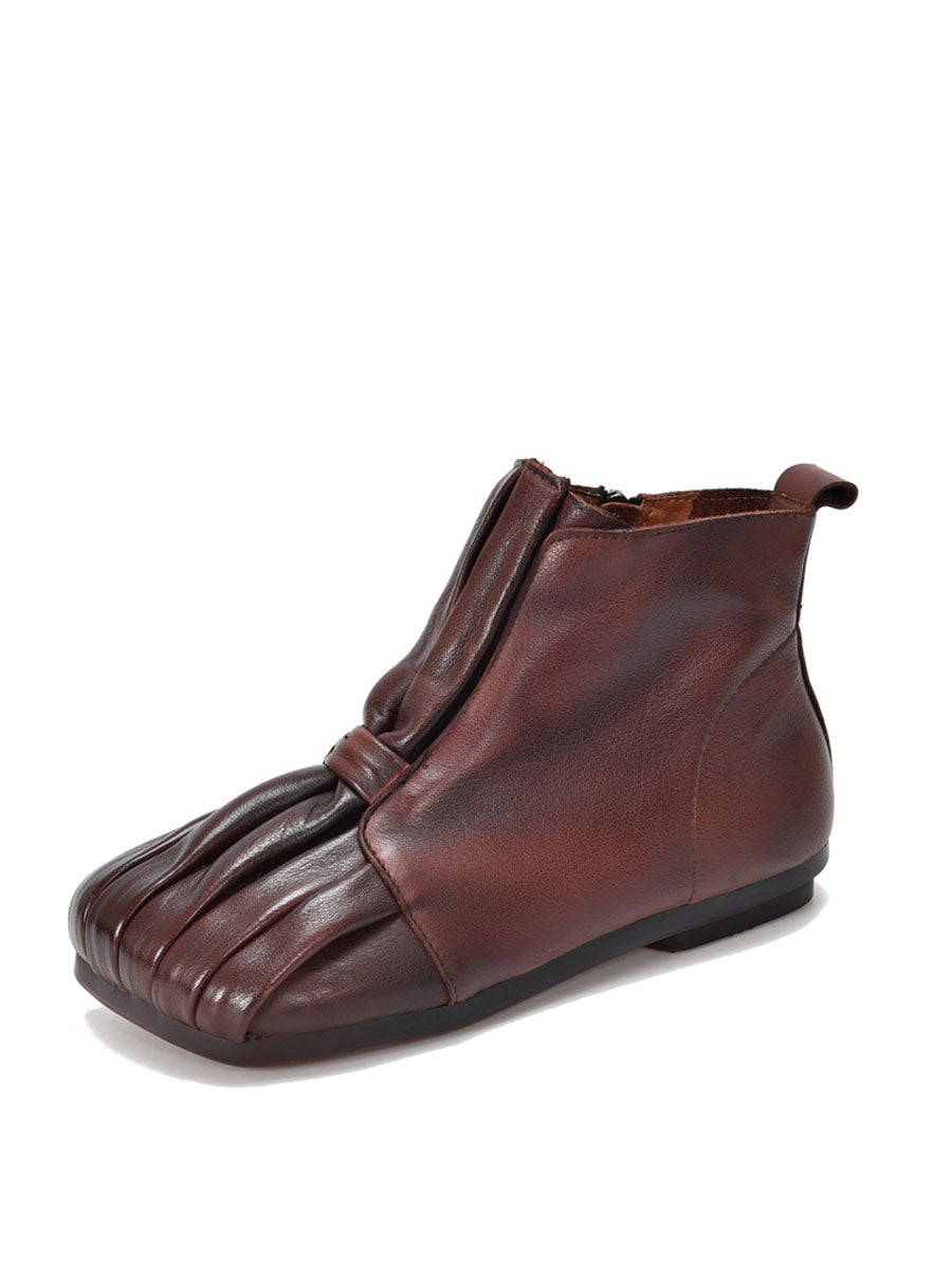 Soft Leather Shirred Square Toe Ankle Boots