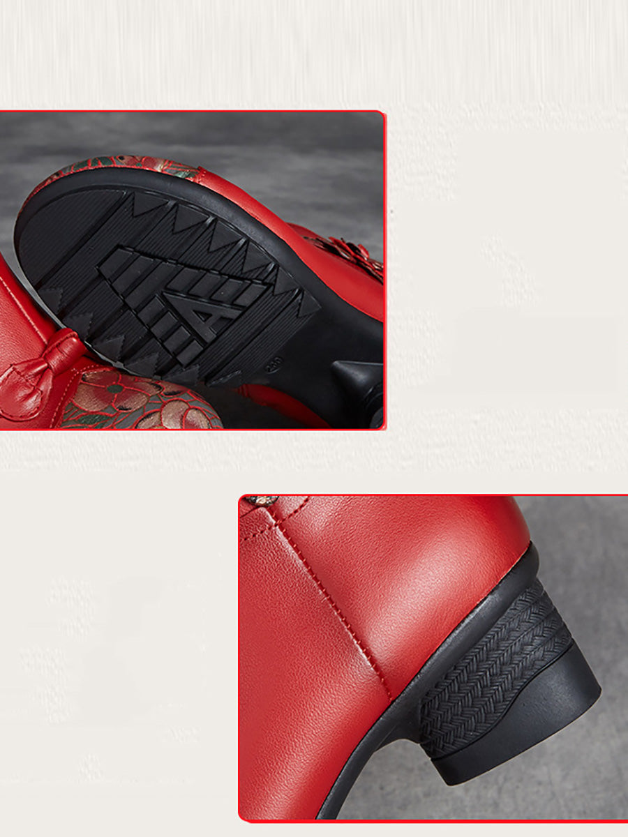Ethnic Autumn Flower Spliced Leather Mid-Heel Boots