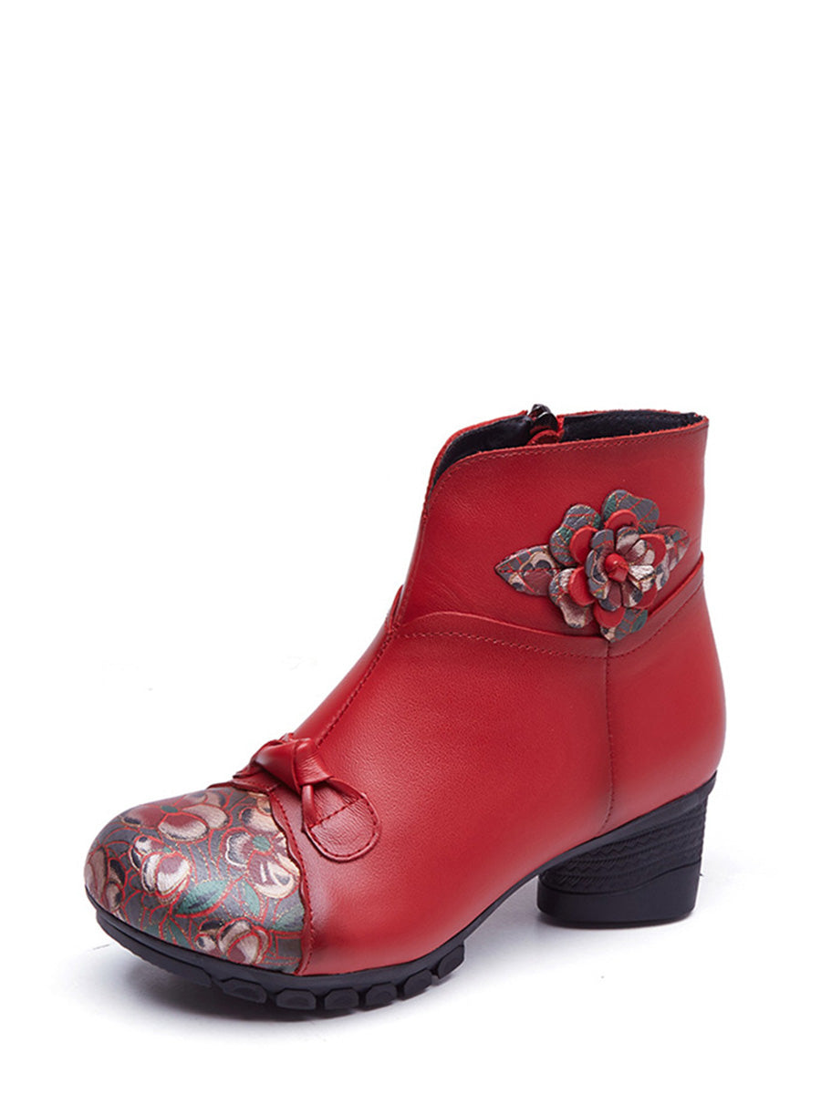 Ethnic Autumn Flower Spliced Leather Mid-Heel Boots