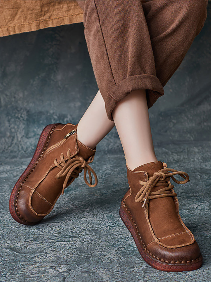 Winter Retro Leather Spliced Flat Boots