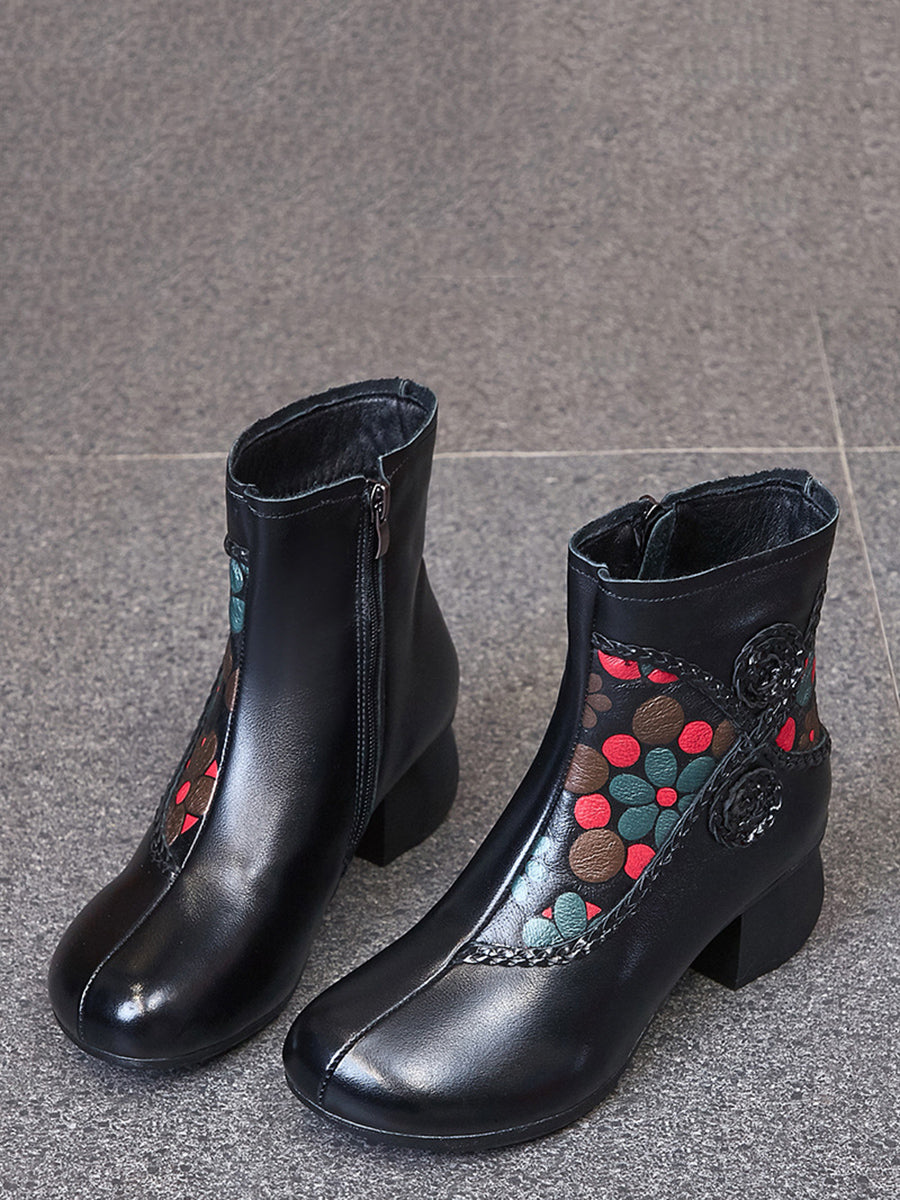 Ethnic Winter Flower Spliced Leather Mid-Heel Boots