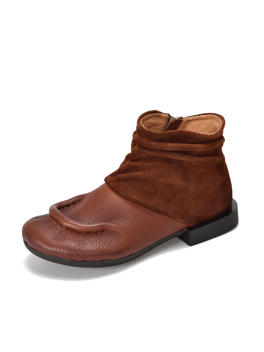Vintage Suded Leather Spliced Low Heel Boots