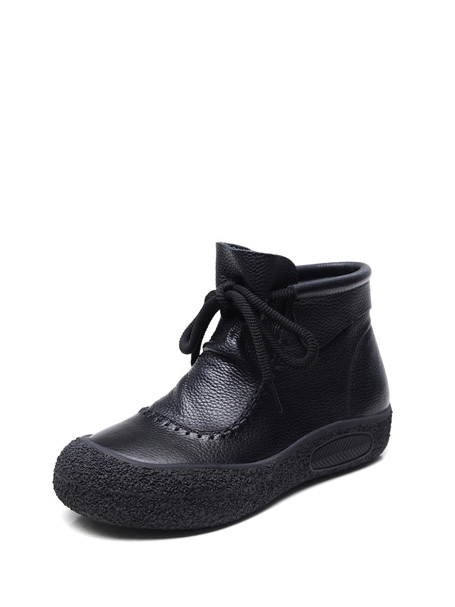 Retro Genuine Leather Spliced Strap Flat Boots