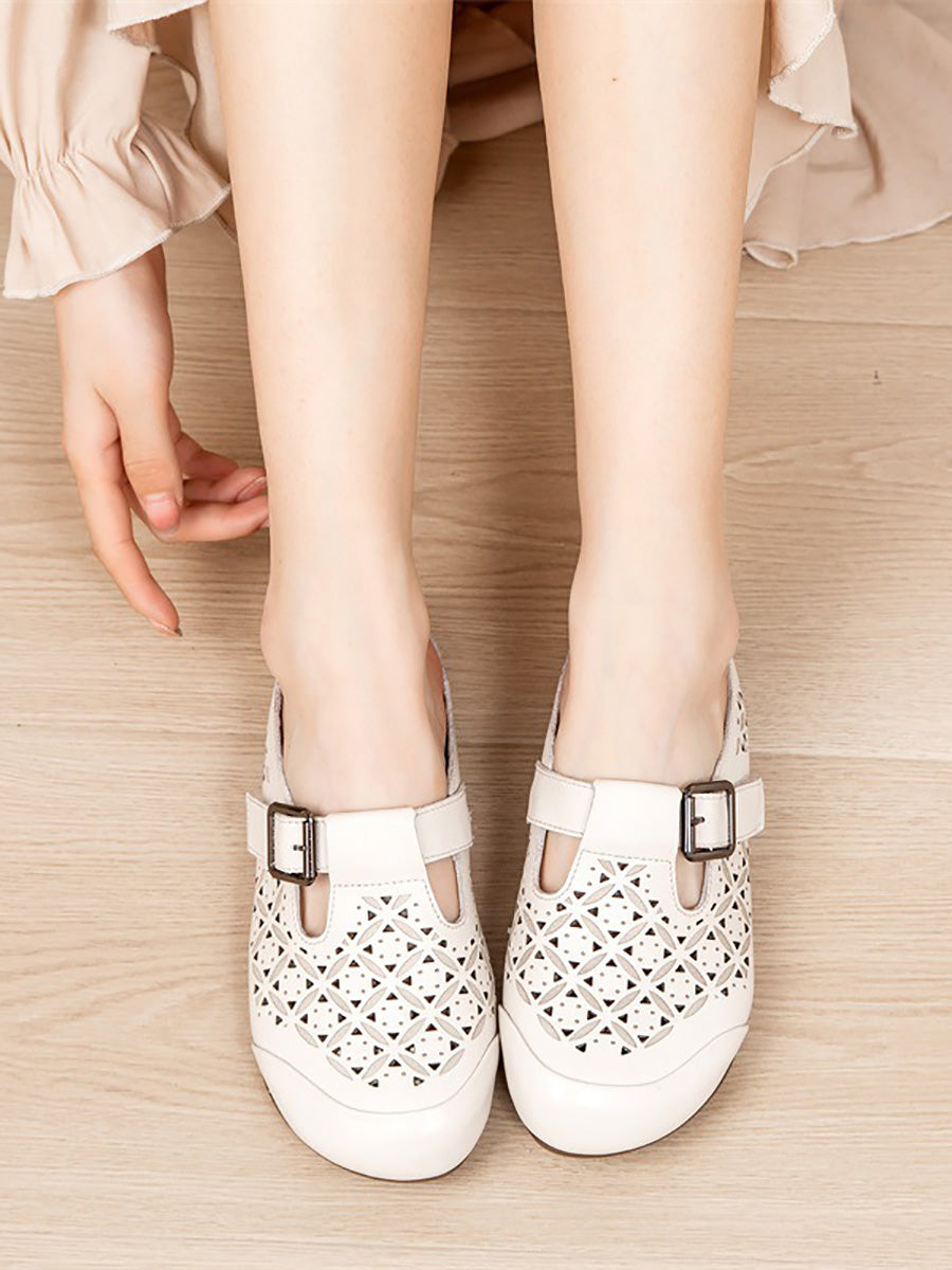 Heel Hollow Out Genuine Low Leather Shoes Vintage
